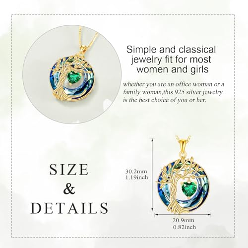 POPLYKE Mothers Day Gifts for Mom Her Wife Tree of Life Necklace 925 Sterling Silver Birthstone Pendant with Crystal Anniversary Birthday Wedding Jewelry for Women - color: 05-May-Emerald, style: 18K Gold Plated-Blue Crystal