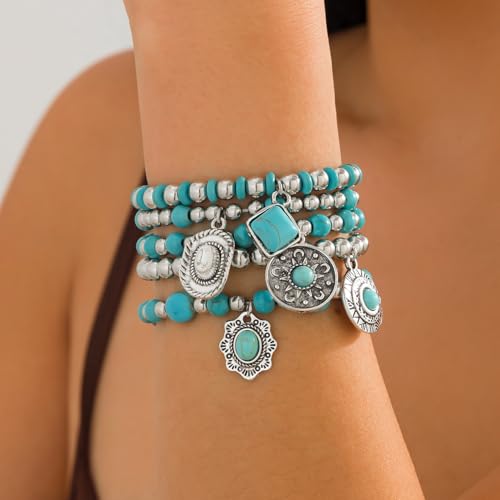 Western Outfit for Women Bohemian Vintage Stackable Turquoise Bracelet Rustic Beaded Cow Head Charm Stretch Bracelet Western Jewelry Country Concert Outfits for Women - style: Style1