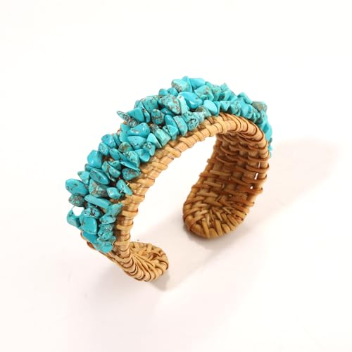 Rattan Bracelet Handmade Lightweight Straw Wicker Braid Cuff Bangle Bracelet Statement Adjustable Bohemian Rattans Woven Chunky Bracelets for Summer Wrist Jewelry - style: Z Rattan Cuff Bracelet Turquoise
