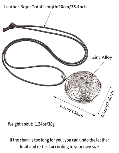 PU Leather Necklace Vintage Boho Style Multilayer Pendant Long Sweater Necklace Jewelry for Women Men with Adjustable Leather Cord - color: Black/Silver