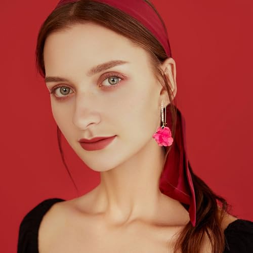 Boho Flower Dangle Earrings for Women Long Drop Resin Acrylic Tiered Petal Statement Earrings Handmade Lightweight Vintage Floral Chunky Drop Jewelry - color: Hot Pink