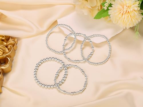 XIANNVXI 5PC Platinum Plated Silver Beaded Bracelet for Women Stretch Elastic Stackable Bead Ball Bracelet Trendy Set Women Dainty Jewelry - color: Silver C