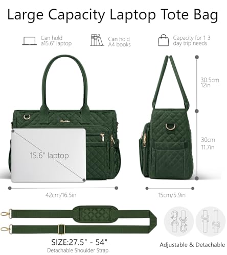 Bagstellar Teacher Bags for Women, 15.6 inch Laptop Work Tote Bag Quilted Nurse Bible Computer Shoulder Bag for School Travel | Dream Tote Work Bag - color: Dark Green