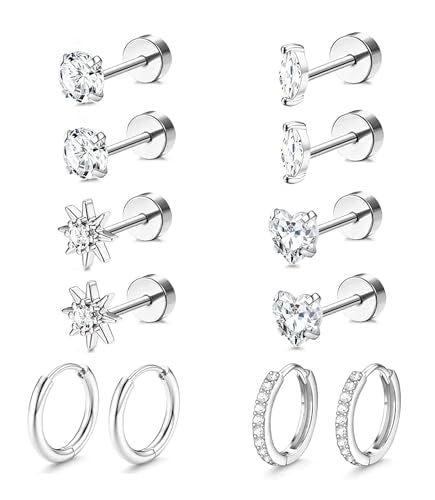 Incaton Hypoallergenic Flat Back Earrings for Women Silver 14K Gold Plated Surgical Stainless Steel Stud Earrings Cubic Zirconia Cartilage Studs Earrings For Multiple Piercing Sensitive Ears - color: K-Silver