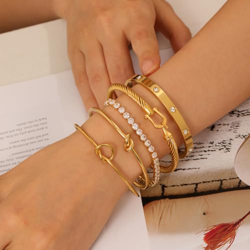18 K Gold Plated Love Bangle Bracelet Stack Cuff Jewelry for Women Jewelry Set for Women Gift with Box - style: style7