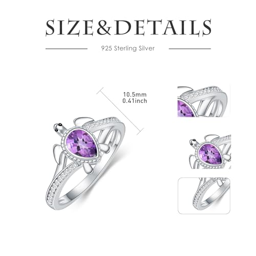Sea Turtle Ring for Women 925 Sterling Silver Pear Shaped Birthstone Ocean Statement Ring for Ladies - color: Natural Amethyst