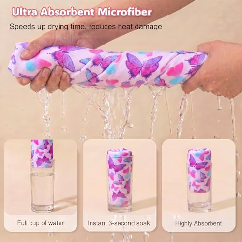 Basumee Microfiber Hair Towel Wrap for Kids 2 Pack - Rapid Drying Turbans With Button for Wet Hair - Head Towel Wrap for Women and Girls, Blue Pink Butterfly - color: Blue Pink Butterfly