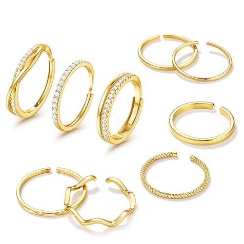Jstyle Gold Stackable Rings for Women Non Tarnish Open Adjustable Rings Cubic Zirconia Thin Thumb Silver Ring Set 14K Gold Filled Pinky Knuckle Stacking Set - Dainty Statement Promise Band Ring Sets