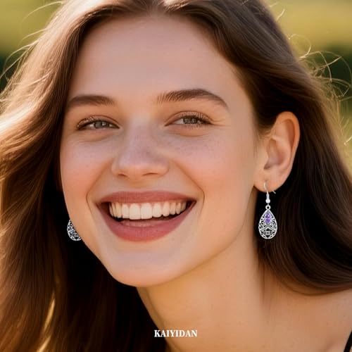Silver Dangle Earrings For Women Trendy,Boho Cute Drop Western Earings,Vintage Gothic Ethnic Statement Beach Vacation Long Earrings with Leaf Teardrop Turquoise Crystal Tassels,Fashion Jewelry Birthday Gift. - color: A50) Purple Crystal Engarved Flower Dr