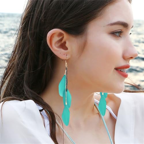 coadipress Boho Piercing Tassel Feather Long Chain Earrings Retro Lightweight Native Feather Dangle Drop Earrings for Women Bohemian Handmade Natural Feathers Earring Jewelry - color: Gem Green
