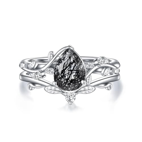 Natural Moss Agate Ring for Women 925 Sterling Silver Pear/Oval/Kite/Heart/Hexagon/Emerald/Coffin Cut Green Leaf Moss Agate Engagement Ring Promise Bridal Set Anniversary Birthday Jewelry Gifts - color: Pear Cut Black Rutilated Quartz
