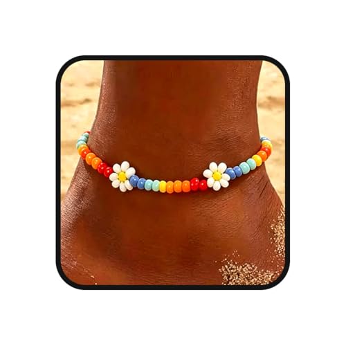 Tgirls Boho Ankle Bracelets for Women Beaded Anklets Chain Beachy Flower Foot Accessories - color: Colorful
