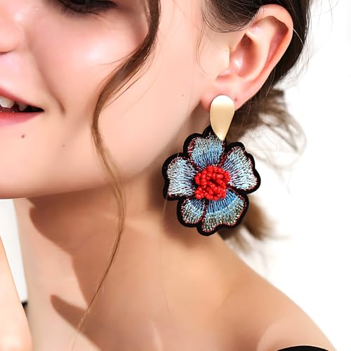 Boho Floral Embroidered Earrings with Colorful Bead Accents and Crystal Center for Women - color: Red