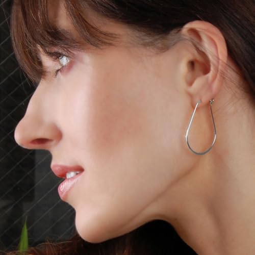 Oval Threader Hoop Earrings for Women - Lightweight Thin Teardrop Earring Hoops - 14k Gold, Rose or 925 Sterling Silver Plated - color: 1.4" inch - 925 Sterling Silver Plated