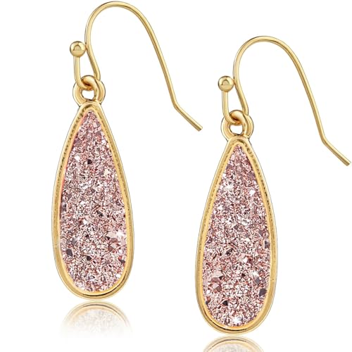 Teardrop Dangle Earrings for Women with Simulated Druzy Stones, in Gold or Rose Gold Tone - color: Gold - Rose Gold Stone