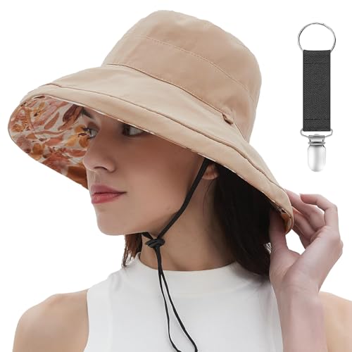 vidsel Womens Sun Hats Wide Brim Reversible Bucket Cotton Hat Packable Summer Travel Cap with Hat Clip,UV Protection - color: Khaki, size: Medium