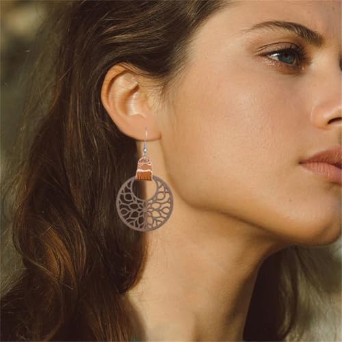 Handmade 70s 80s Retro Leather Round Hollow Wooden Flower Dangle Drop Earring Unique Lightweight Flower Hook Earrings For Women