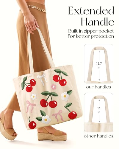 Miss Adola Embroidery Tote Bag with Pocket & Buckle - Reusable Canvas Tote for Women Cute Aesthetic Work Shopping Grocery Bag - style: Cherry