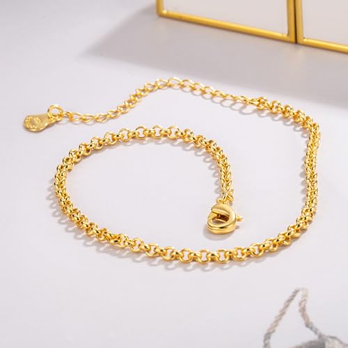 Dankadi Women 925 Sterling Silver Anklets Bracelet Men Simple Chopin/Box Chain/Twist Rope Chain Summer Beach Foot 24k Gold Plated Jewelry Gift - color: Rolo Chain Gold, size: 30cm