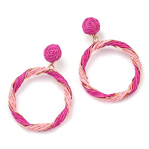 Boho Raffia Hoop Dangle Earrings Twisted - Statement Rattan Round Geometric Earrings For Summer Beach Vacation - color: HOT PINK