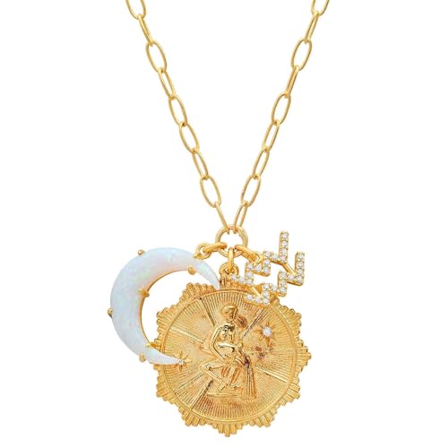 Dainty Gold Zodiac Embossed Coin Opal Crescent Moon Charm Necklace for Women Trendy 18K Gold Plated Retro Paperclip Chain 12 Constellation Horoscope Necklaces Astrology Jewelry Gifts - style: 11.AQUARIUS (JAN 20-FEB 18)