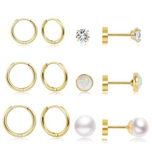 Dainty 6 Pairs Surgical Steel Earrings Sets for Multiple Piercing, Lightweight 14K Gold Plated Small Huggie Hoop Earrings, Flat Back Tiny Ball CZ Stud Earrings for Cartilage, Helix, Lobe, Hypoallergenic - style: 14K Gold- Hoops and Pearl Opal CZ Studs