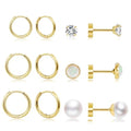 Dainty 6 Pairs Surgical Steel Earrings Sets for Multiple Piercing, Lightweight 14K Gold Plated Small Huggie Hoop Earrings, Flat Back Tiny Ball CZ Stud Earrings for Cartilage, Helix, Lobe, Hypoallergenic - style: 14K Gold- Hoops and Pearl Opal CZ Studs