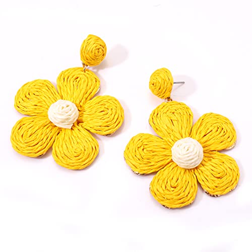 Rattan Earrings for Women Statement Boho Raffia Straw Wrapped Flower Drop Dangle Earrings Summer Tropical Beach Jewelry - color: Yellow