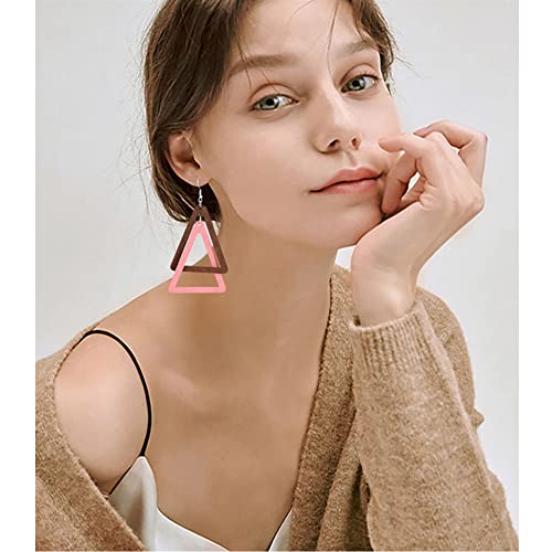 ANXIN Boho Personality Retro Tassel Rectangular Wooden Contrasting colors Earrings Chic Green Temperament Geometric Earrings Jewelry Gifts For Women - color: Brown Pink Wooden Earrings