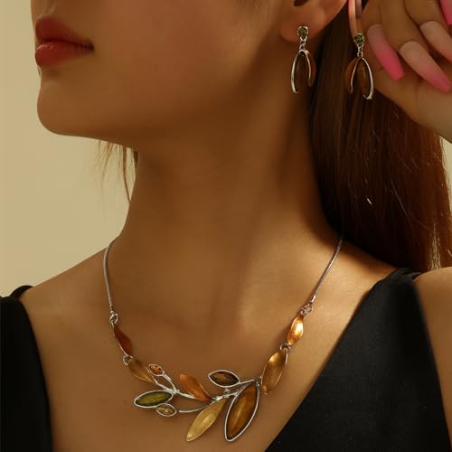 Vintage Chunky Statement Jewelry Set Retro Leaf Floral Geometric Bohemian Boho Bib Necklace Earring Set Fashion Costume Jewelry for Women Girls Wedding Party Prom Unique Gift - style: branch leaf-yellow