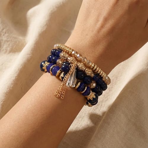 Bohemian Bracelet Sets for Women - 4-Pack Stackable Stretch Bead Bracelets with Black＆White Crystal & Gold Accessories, Multi-Layer Boho Jewelry - color: purple