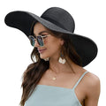 Women Wide Brim Sun Hat UPF50 Straw Summer Hat Floppy Beach Hat Roll-Up - color: Tie Black