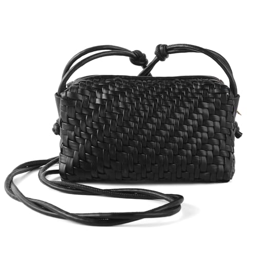 Woven Crossbody Bags for Women Handwoven Purses Vegan Leather Small Handbag Handmade Shoulderbag | Lightweight - color: Black