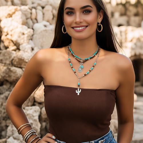 Western Necklaces Boho Layered Charm Necklace for Women Turquoise Beaded Choker Ox-head Pendant Necklace Western Jewelry for Women Cowgirl Accessories - color: Style-C
