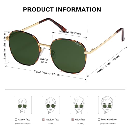 SOJOS Classic Trendy Square Sunglasses for Women Men Cute Big Frame Gold Shades SJ1137 - color: Dark Tortoise/Green