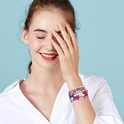 GOOJIDS Surfer Heishi Clay Bead Bracelets for Women Bohemian Stackable Gold Plated Beaded Stretch Bracelets Elastic Layering Friendship Bracelets Set Boho Jewelry - color: D-Flag 2