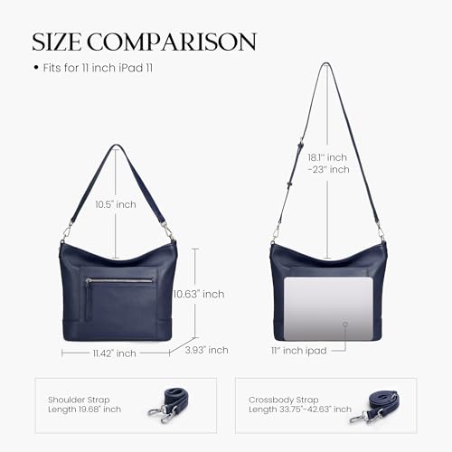 befen Genuine Leather Crossbody Hobo Purse for Women Soft Lightweight Leather Handbags with 2 Removable Straps - color: M-navy Blue