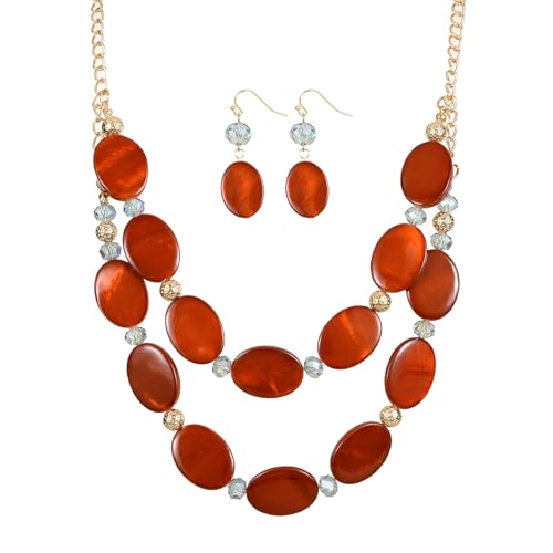 2 Layered Chunky Beaded Shell Necklace for Women Sea Shell blue/yellow/red/green/turquoise/teal/white Statement Necklace and Earring Set Elegant Women Necklace Set Jewelry Sets for Women - color: burnt orange