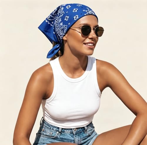 Junvena 27 Inch Extra Large Bandana 100% Cotton,Soft Thin Breathable Headband for Men Women, Solid & Paisley - color: Blue 3 Pack