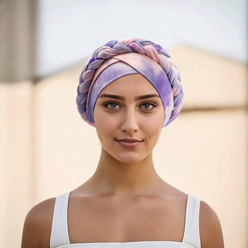 DRESHOW Turban Pre-Tied Twisted Hat Thread African Head Wraps for Black Women Chemo Cancer Cap Braid Hair Cover - color: 1 Pack Tie-dye Gradient: Purple & Pink
