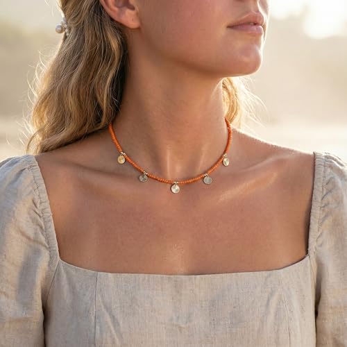 Colorful Boho Bead Choker Necklace Handmade Beaded Necklace Personalized Surfer Beach Necklaces for Women - color: QD 05 Orange