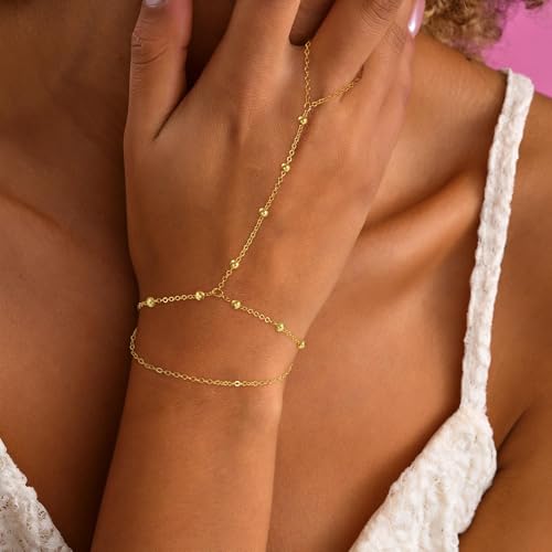 Hand Chain Bracelets for Women - 14K Real Gold Plated Dainty Stackable Paperclip Link Bracelets Hand Chain Bracelet Ring Gold Bracelets for Women Trendy - color: 4 Bead Hand Chain