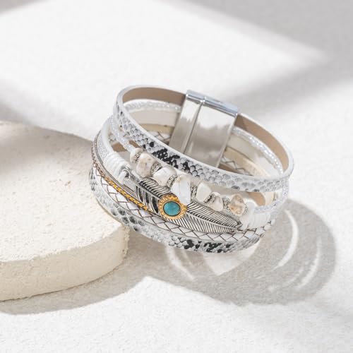 FANCY SHINY Turquoise Boho Leather Bracelet Stackable Chunky Wrap Bangle Bracelets Cowboy Cowgirl Chic Western Jewelry Gift for Women - color: White