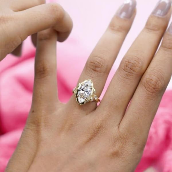 Silvart 3 Ct Marquise Cut Diamond Antique Art Deco Cathedral Vintage Milgrain Floral Engagement Ring For Women 14K Yellow Gold Plated Engraving Wedding Bridal Ring 925 Sterling Silver Handmade Ring