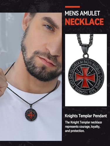 FaithHeart Knights Templar Necklace for Men, Christian Necklace for Men Stainless Steel Pendant Neckalces Christian Gifts with Gift Box - color: 01. Medal-Black