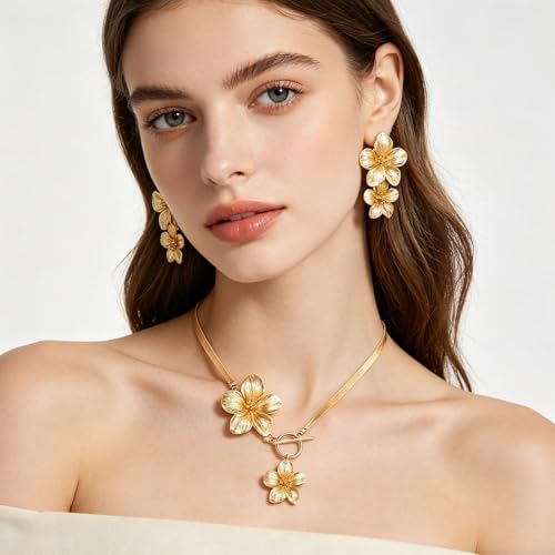 WCRAZYE Gold Flower Earrings Necklace Set for Women Boho Summer Daisy Floral Statement Earrings Brides Wedding Guest Dresses Jewelry - color: Gold