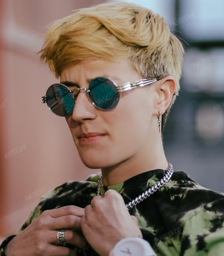 AIEYEZO Round Steampunk Sunglasses for Men Women Retro Circle Hippie Glasses Metal Frame 100% UV Blocking Lens - color: Silver/Ice Blue Mirror