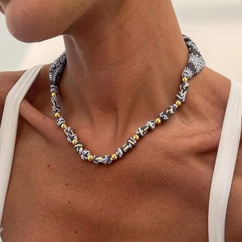 Scarf Necklace with Charm Gold Starfish Chunky Cross Heart Flower Pendants Bandana Charm Necklace Western Scarf for Women Boho Cowgirl Country Cowboy Accessories Beach Vacation Vacation Outfits Jewelry - color: C2-Scarf Necklace