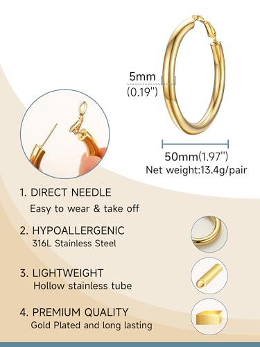 Stainless Steel Chunky Hoop Earrings For Women, Minimalist and Chic, Black/Gold Plated, Round Hoops Earrings Hypoallergenic, Size: 30mm/40mm/60mm/80mm, Come with Box - color: 1. Gold, size: 50MM