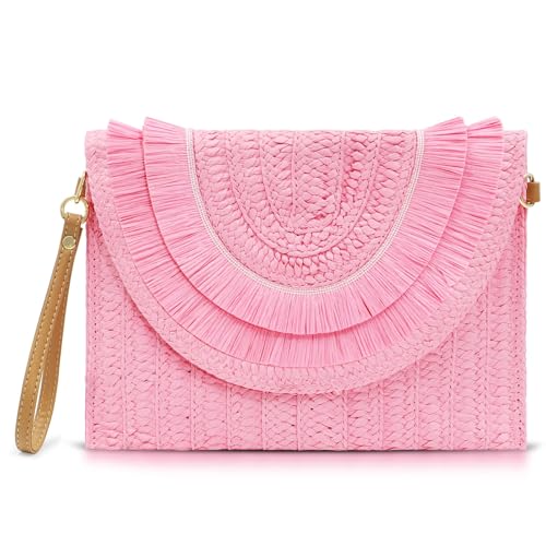 Crossbody Bags for Women, Straw Clutch Purses, Bohemian Handmade Woven Envelope Package, Tassel Handbags for Women | Bohemian - color: Pale Pink